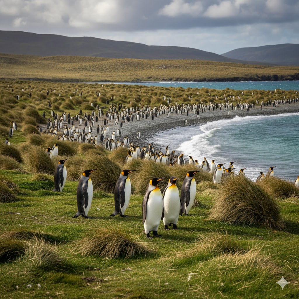 King penguins on grassy shore, Falkland Islands