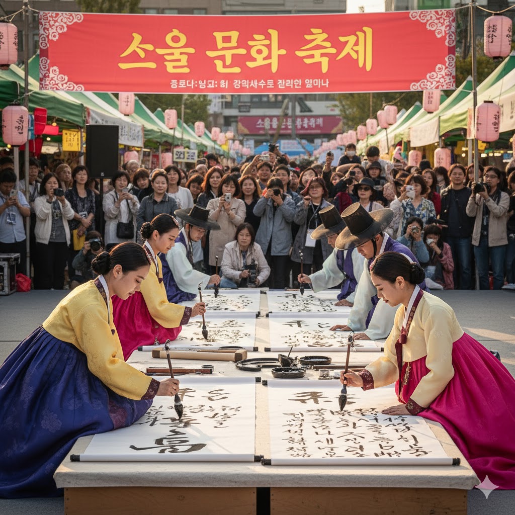 Korean artists performing calligraphy and wearing hanbok at Seoul Culture Festival.