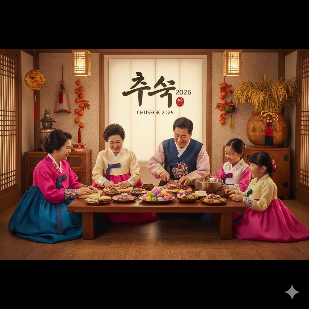Korean family wearing hanbok preparing traditional dishes for Chuseok 2026