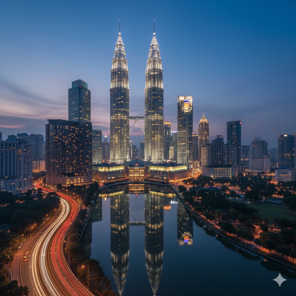 Kuala Lumpur skyline with Petronas Towers glowing at night, Malaysia