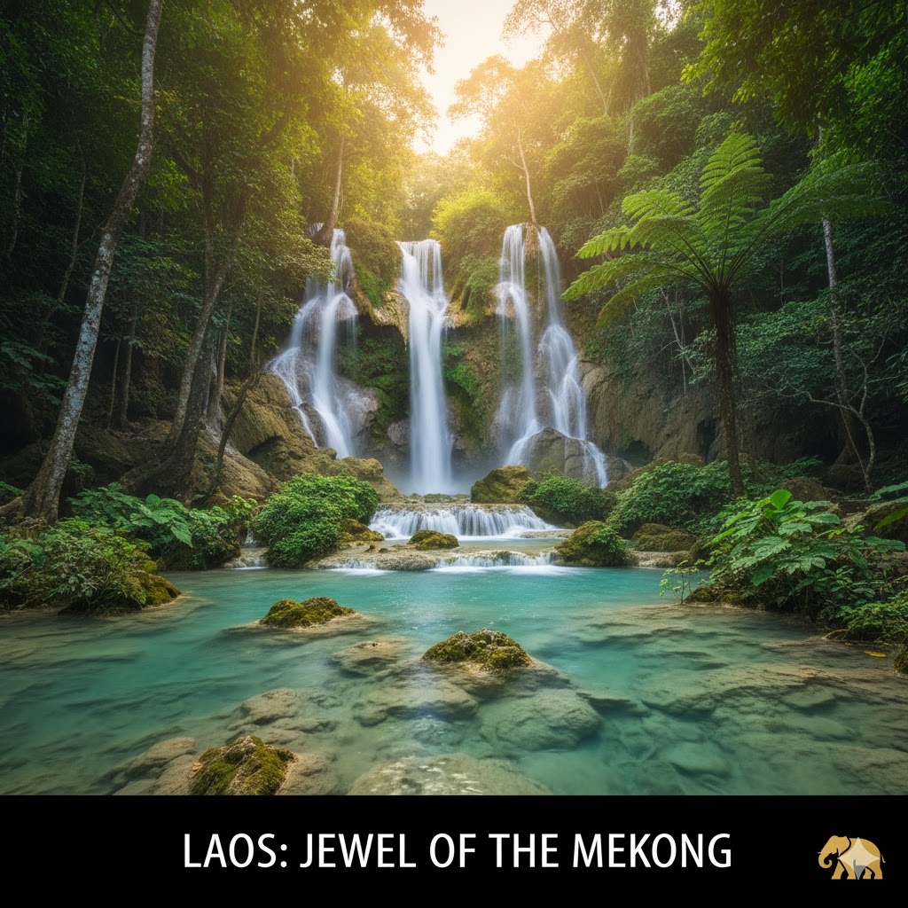 Kuang Si Falls cascading into turquoise pools surrounded by jungle, Laos