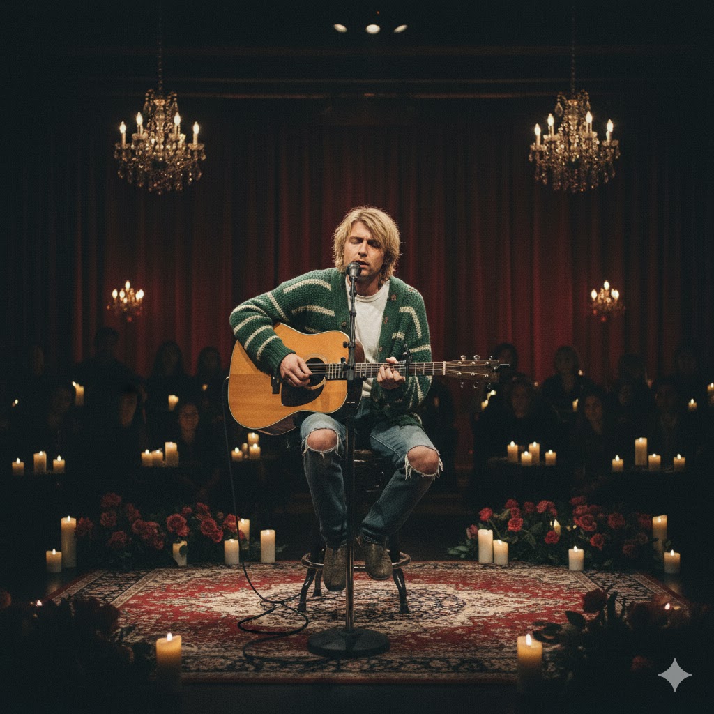 Kurt Cobain sitting with acoustic guitar during MTV Unplugged performance