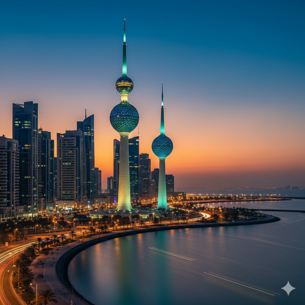 Kuwait Towers glowing over the seafront skyline at dusk
