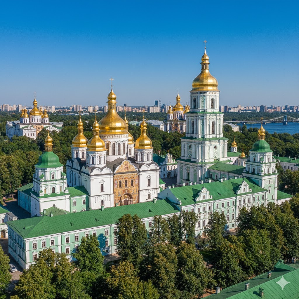 Kyiv Pechersk Lavra monastery domes under blue sky, Ukraine
