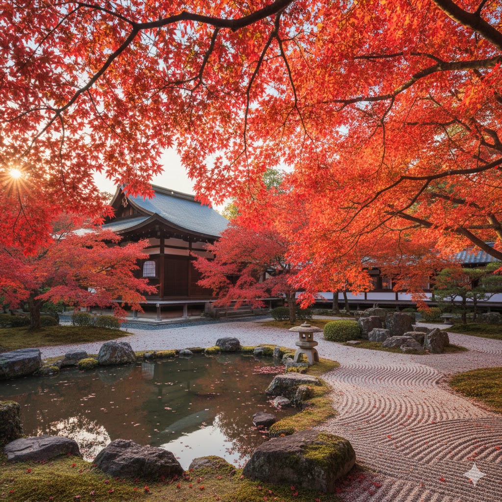 Kyoto’s autumn maple trees glowing red around a tranquil temple garden
