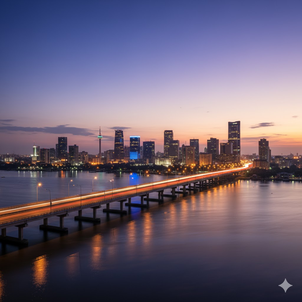 Lagos skyline and Third Mainland Bridge at twilight, Nigeria