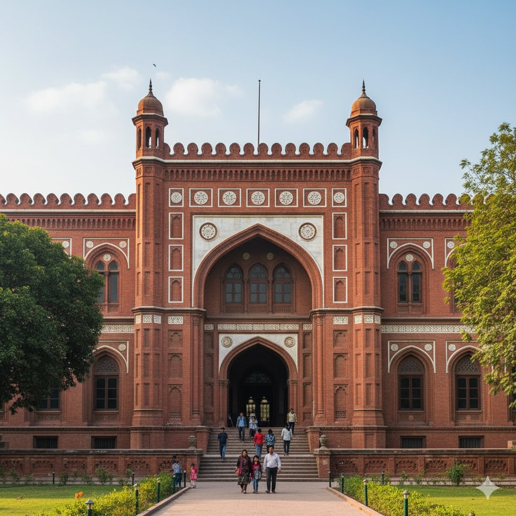 Lahore Museum front view with red-brick Mughal-Gothic façade and visitors entering through archway.