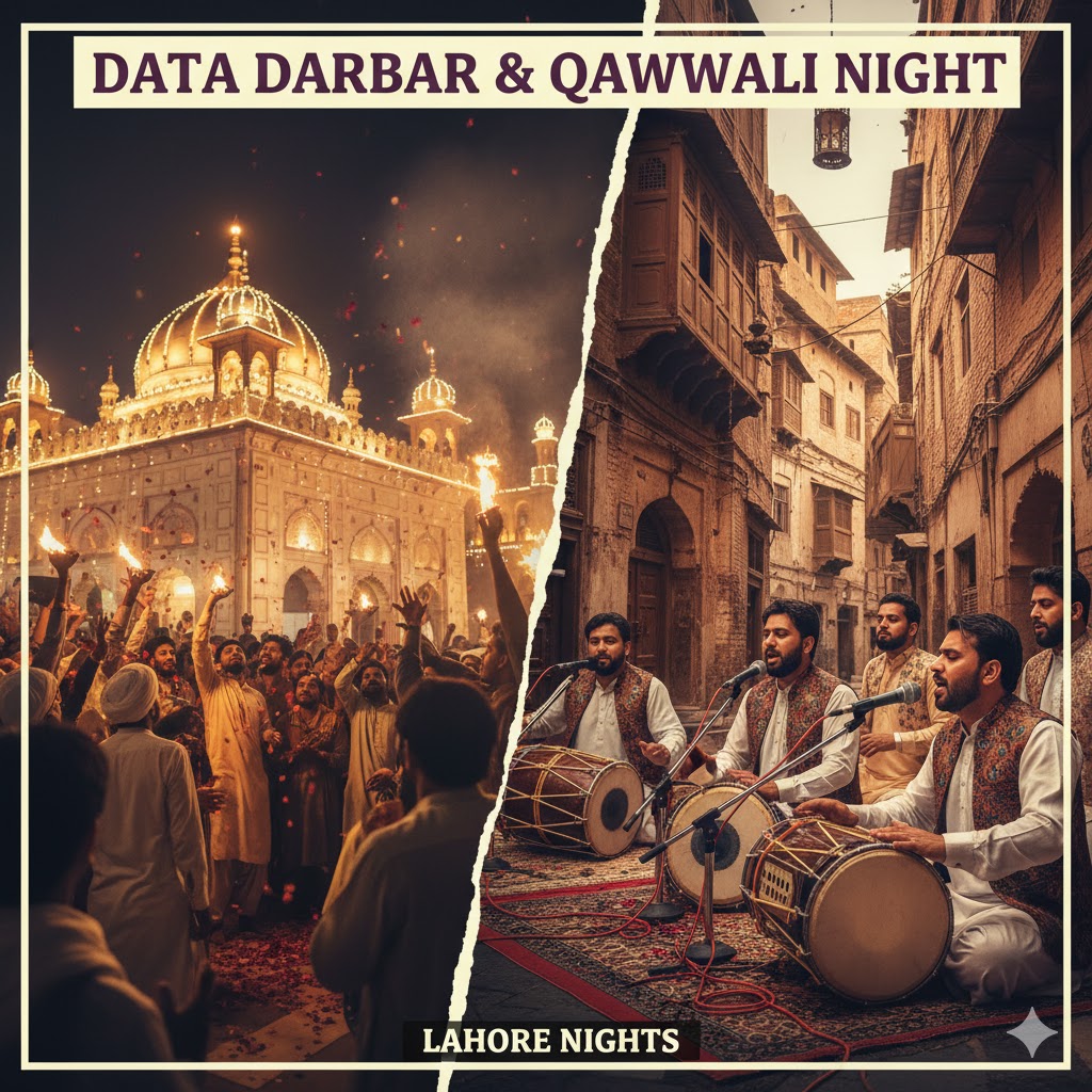 Alt text: Devotees offering rose petals and prayers at Data Darbar shrine, Lahore, with Qawwali performance in the background.