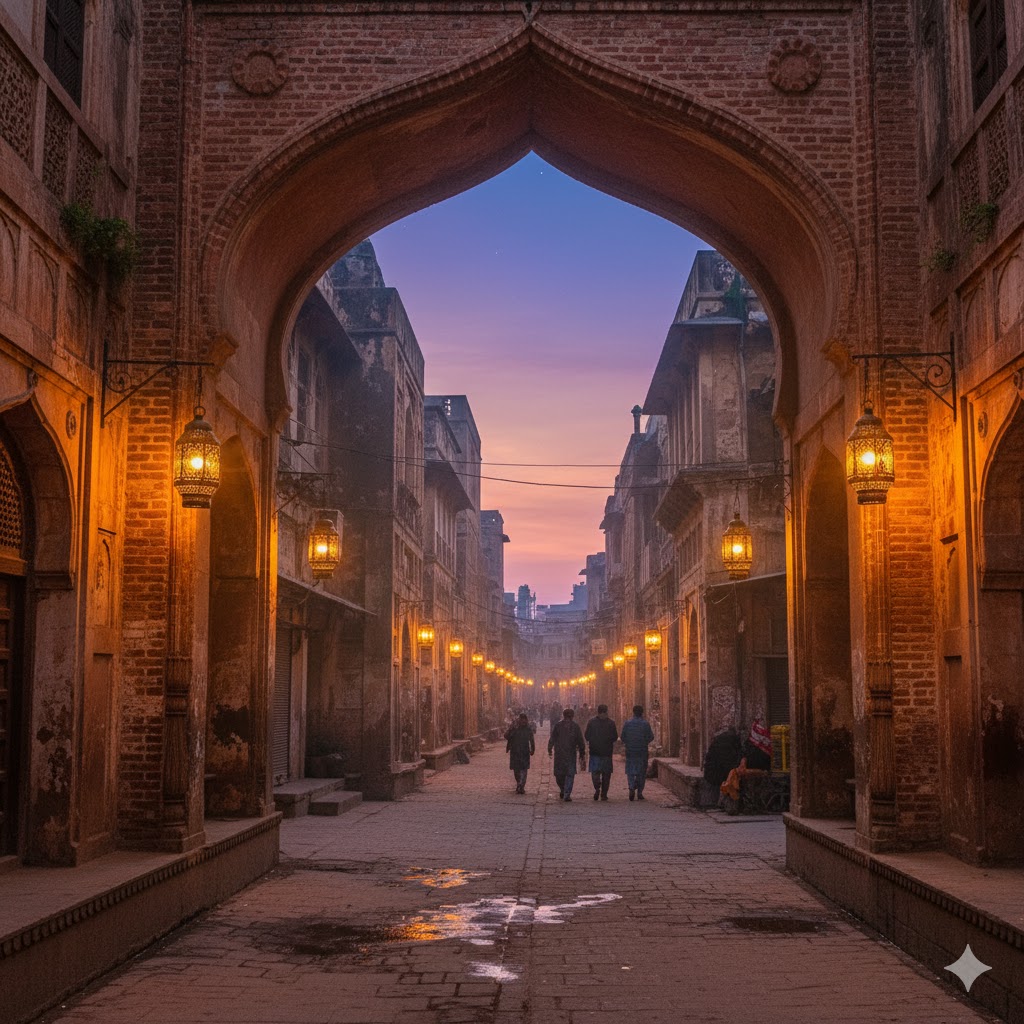 Lahore Walled City street with Mughal arches and lanterns at dusk