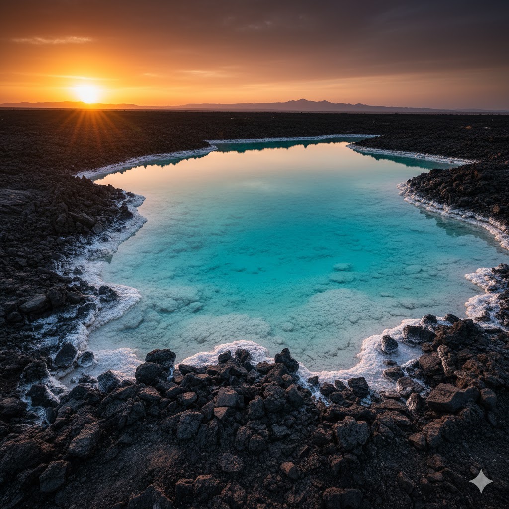 Lake Assal turquoise salt basin surrounded by black lava rocks, Djibouti
