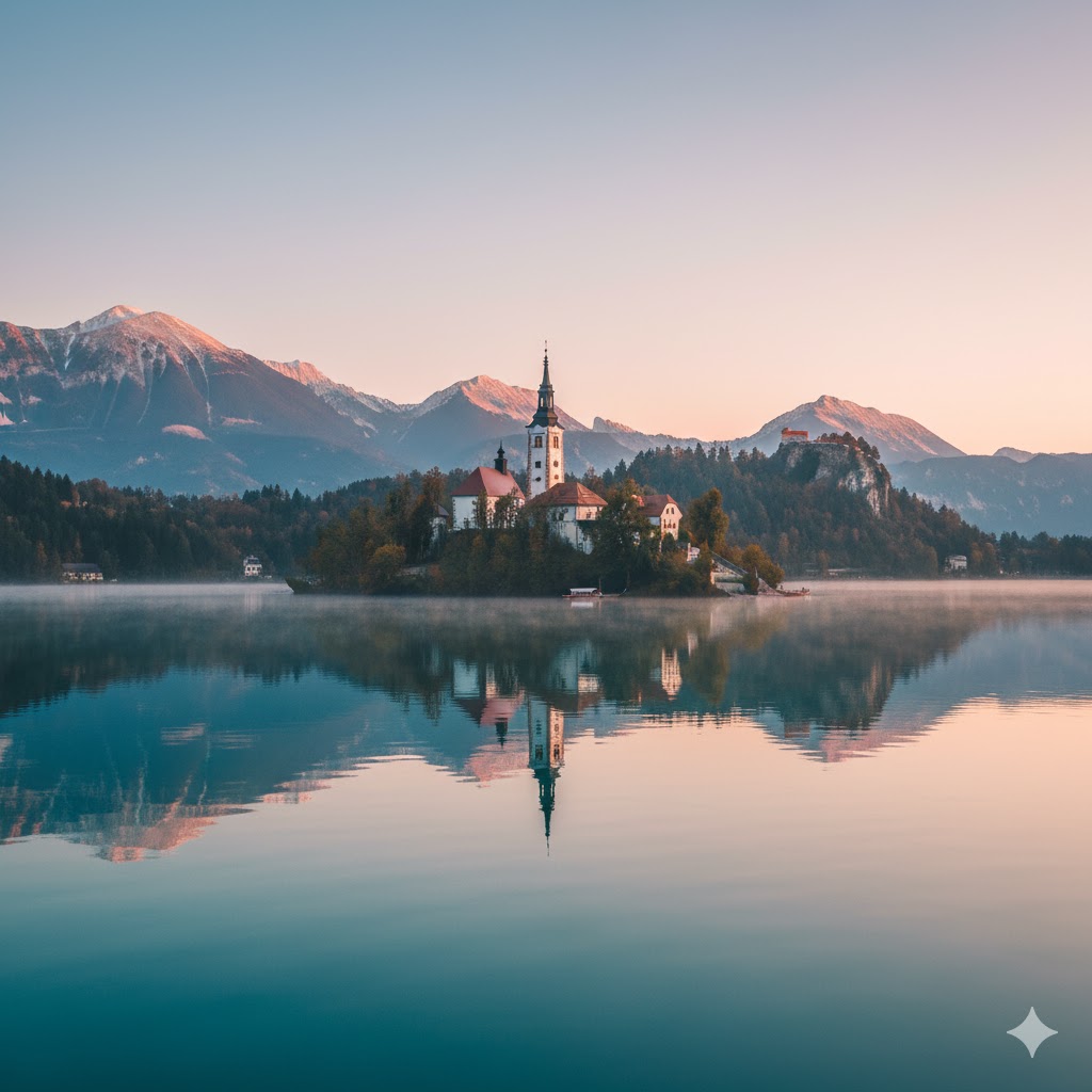 Lake Bled with church island and castle under sunrise glow, Slovenia.