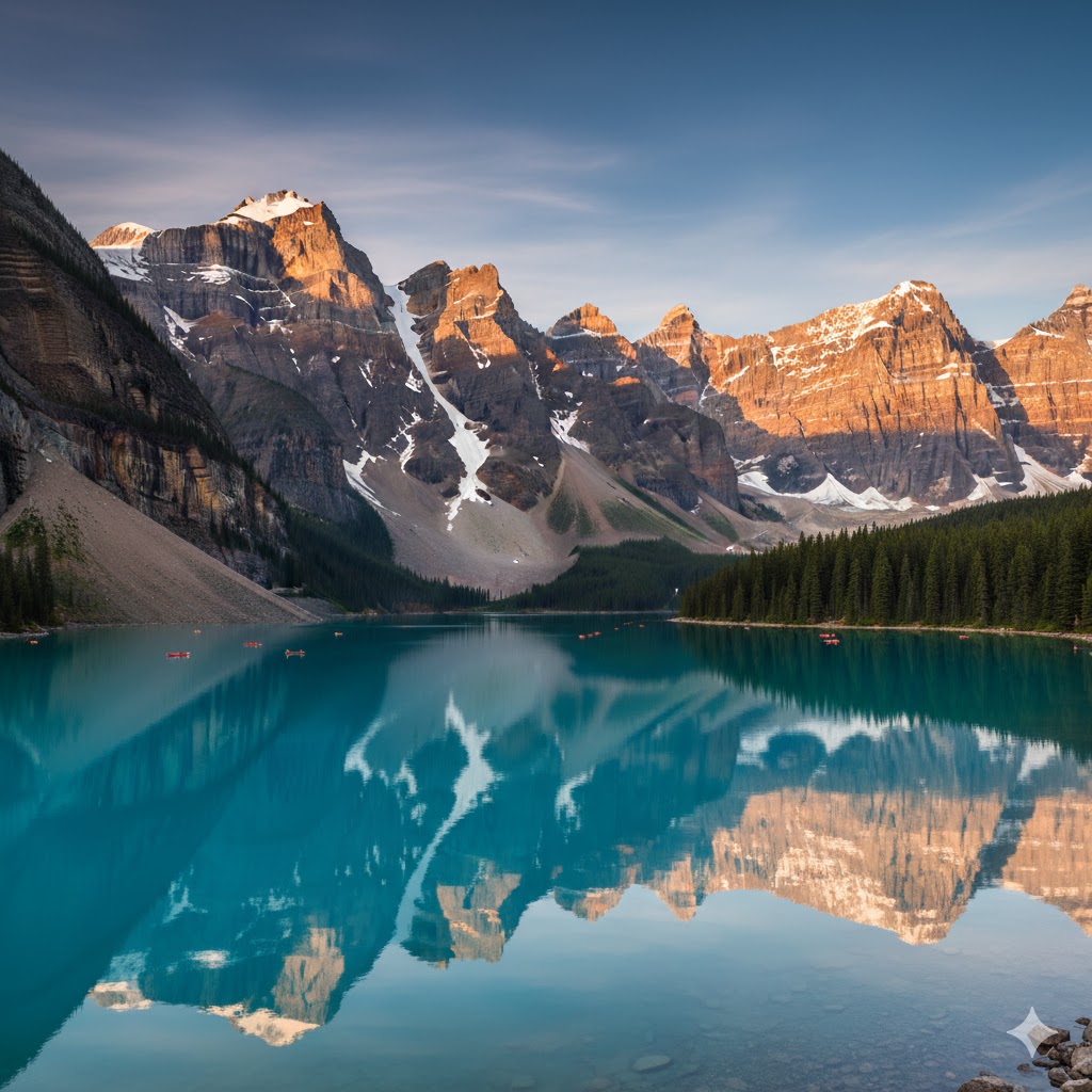 Lake Louise in Banff National Park with snow-capped mountains and turquoise water. 