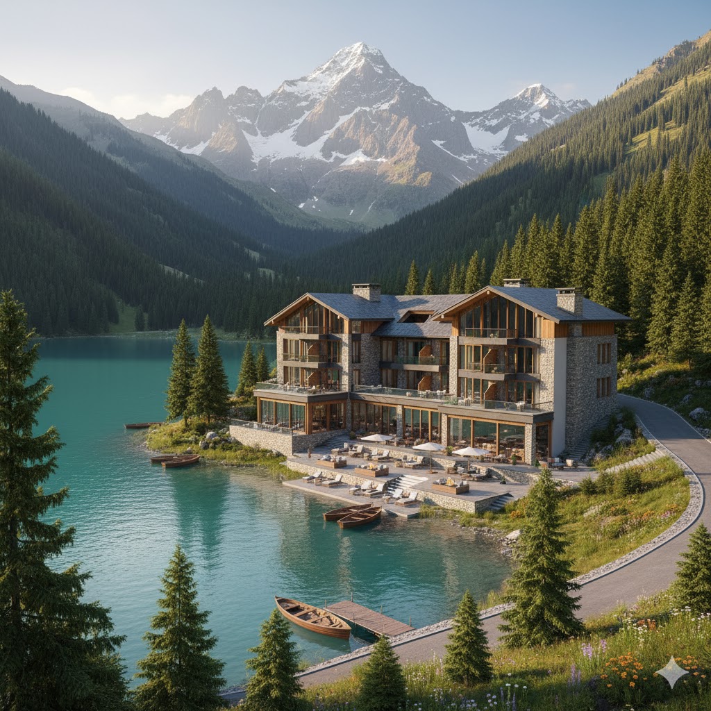 Lakeside hotel in Naran Kaghan surrounded by mountains and pine trees.