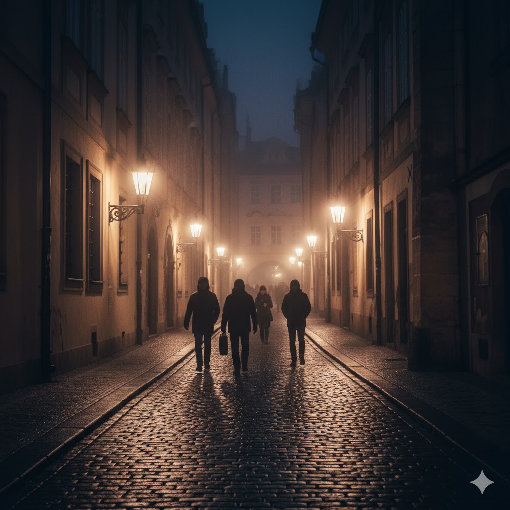 Lantern-lit narrow alley in Prague at night with tourists walking cautiously. 