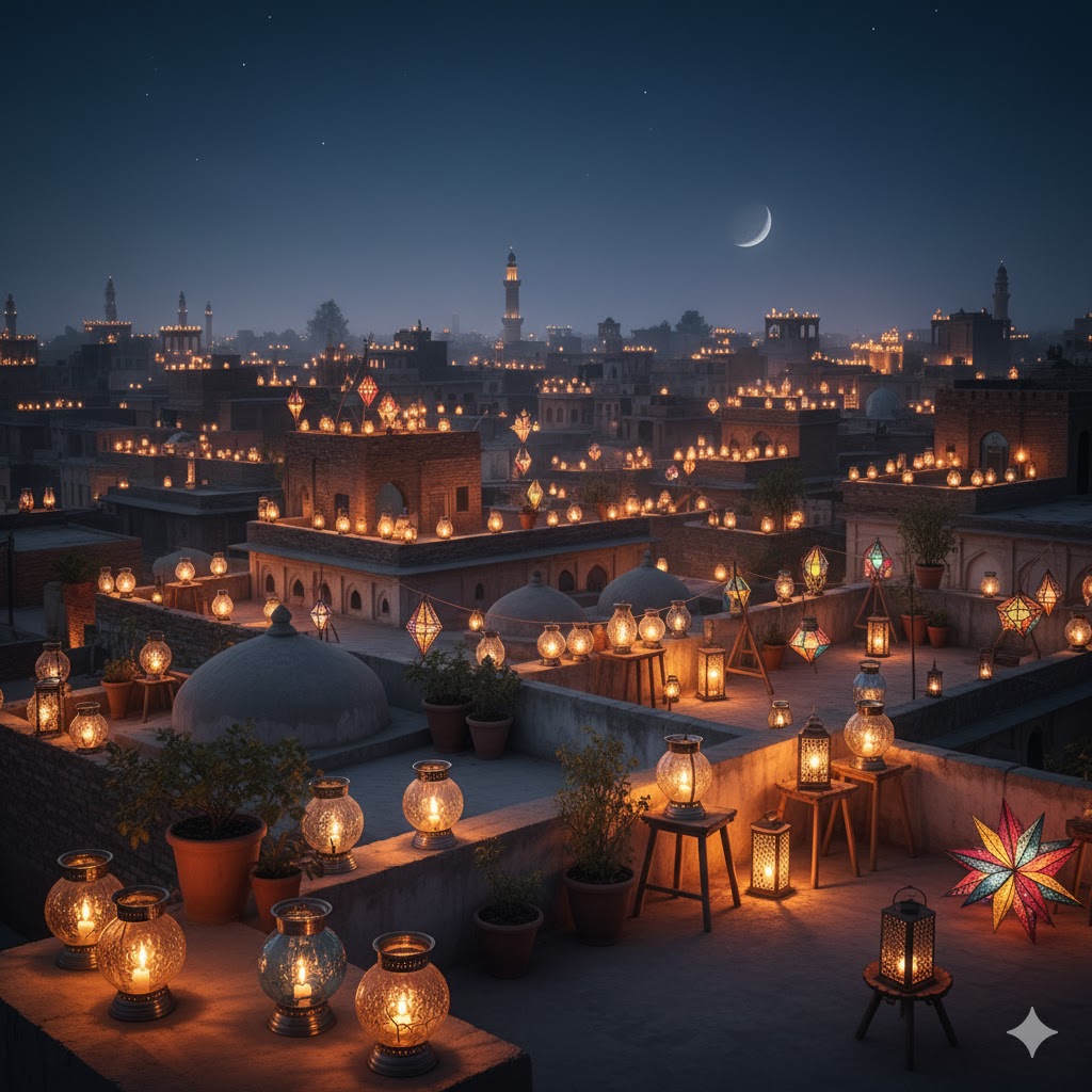 Lanterns and candles glowing on rooftops during Shab-e-Barat night