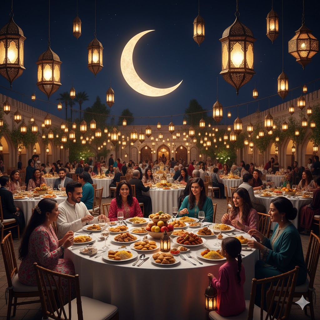 Lanterns and crescent moon decorations with people sharing Eid meals after Ramadan