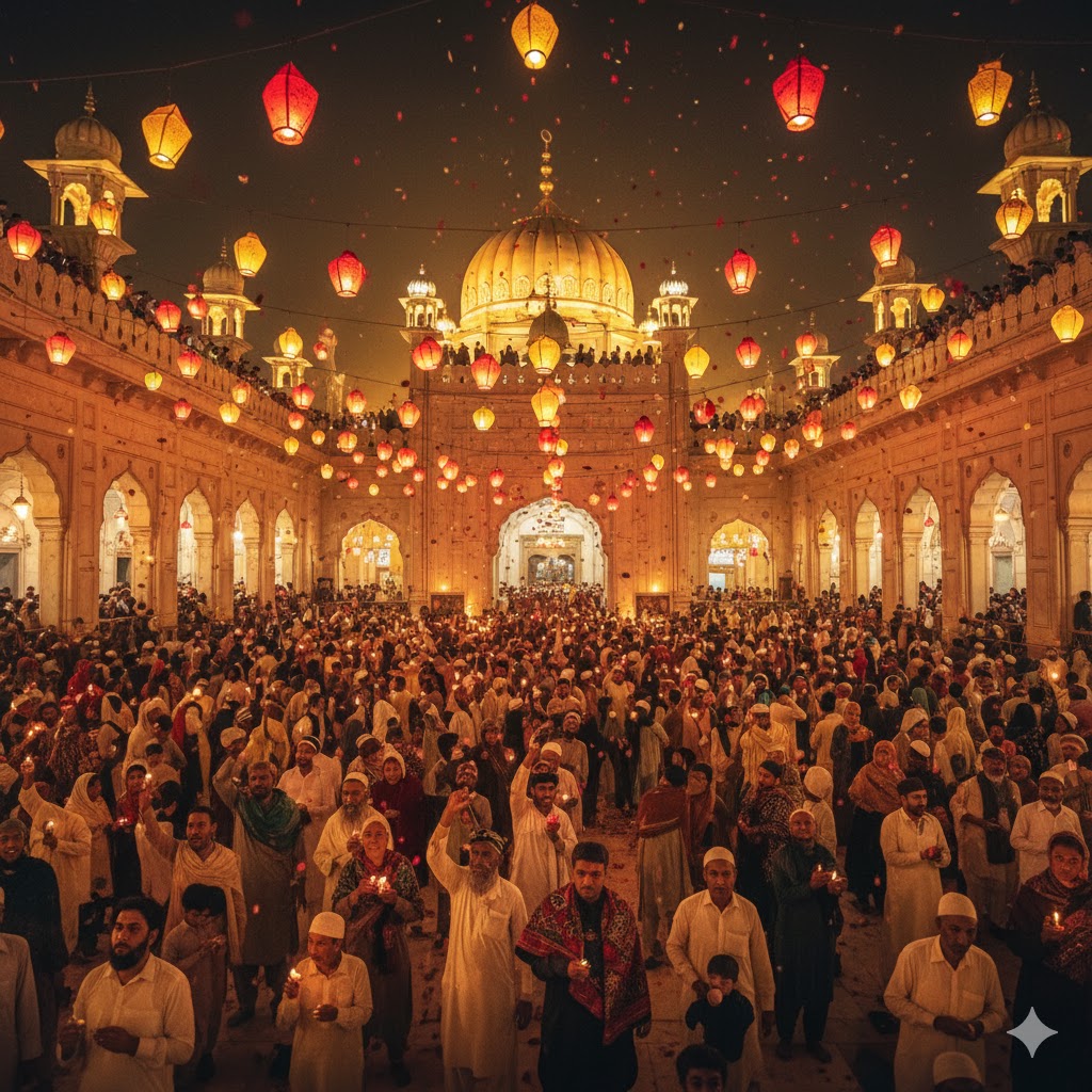 Lanterns and devotees illuminating Data Darbar shrine during Mela Chiraghan 2026