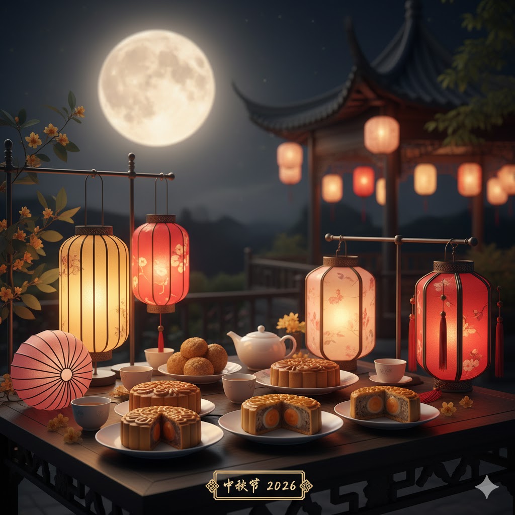 Lanterns and mooncakes arranged under a full moon during Mid-Autumn Festival 2026