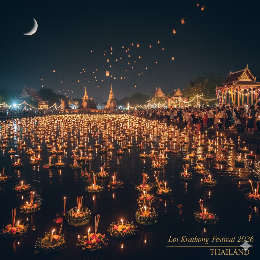 Lanterns floating on a lake during Loi Krathong Festival 2026 in Thailand