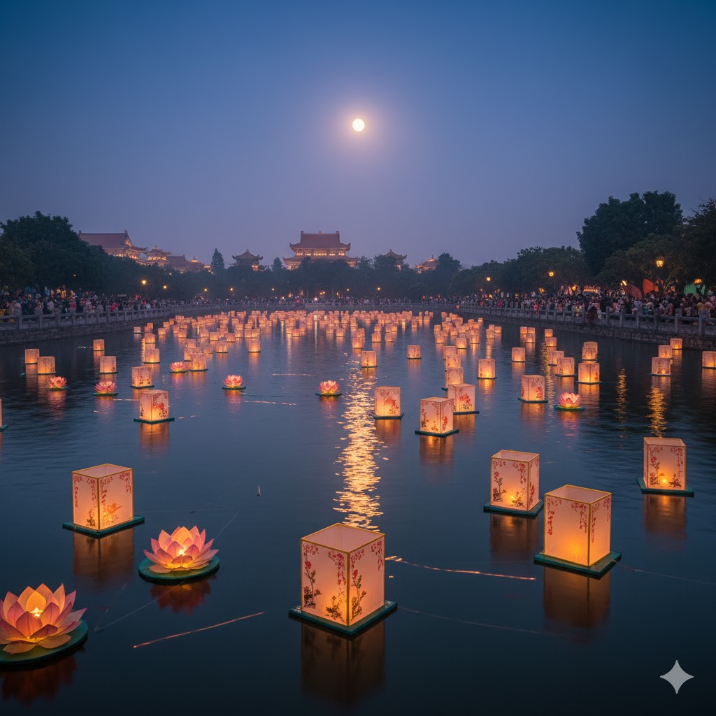 Lanterns floating on water during Mid-Autumn Festival.