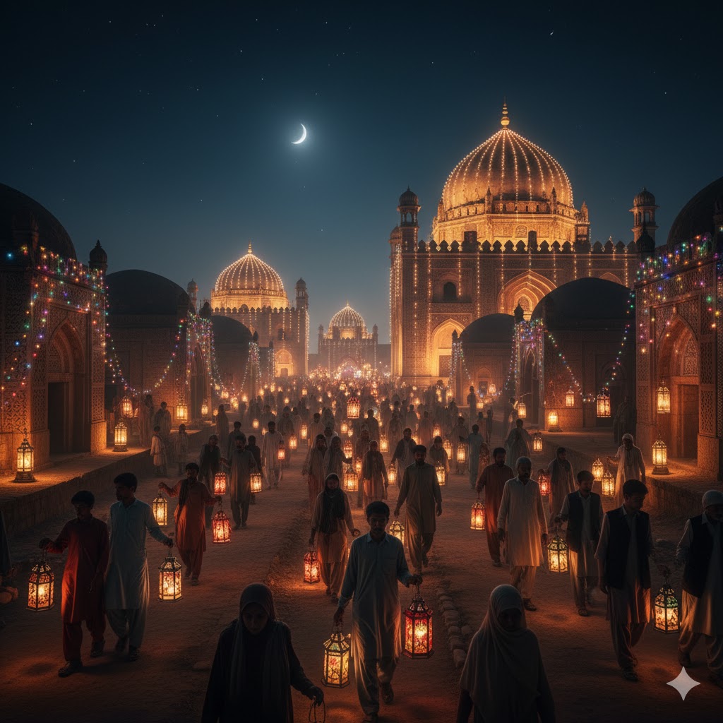 Lanterns illuminating Makli Necropolis tombs during the Urs festival evening walk