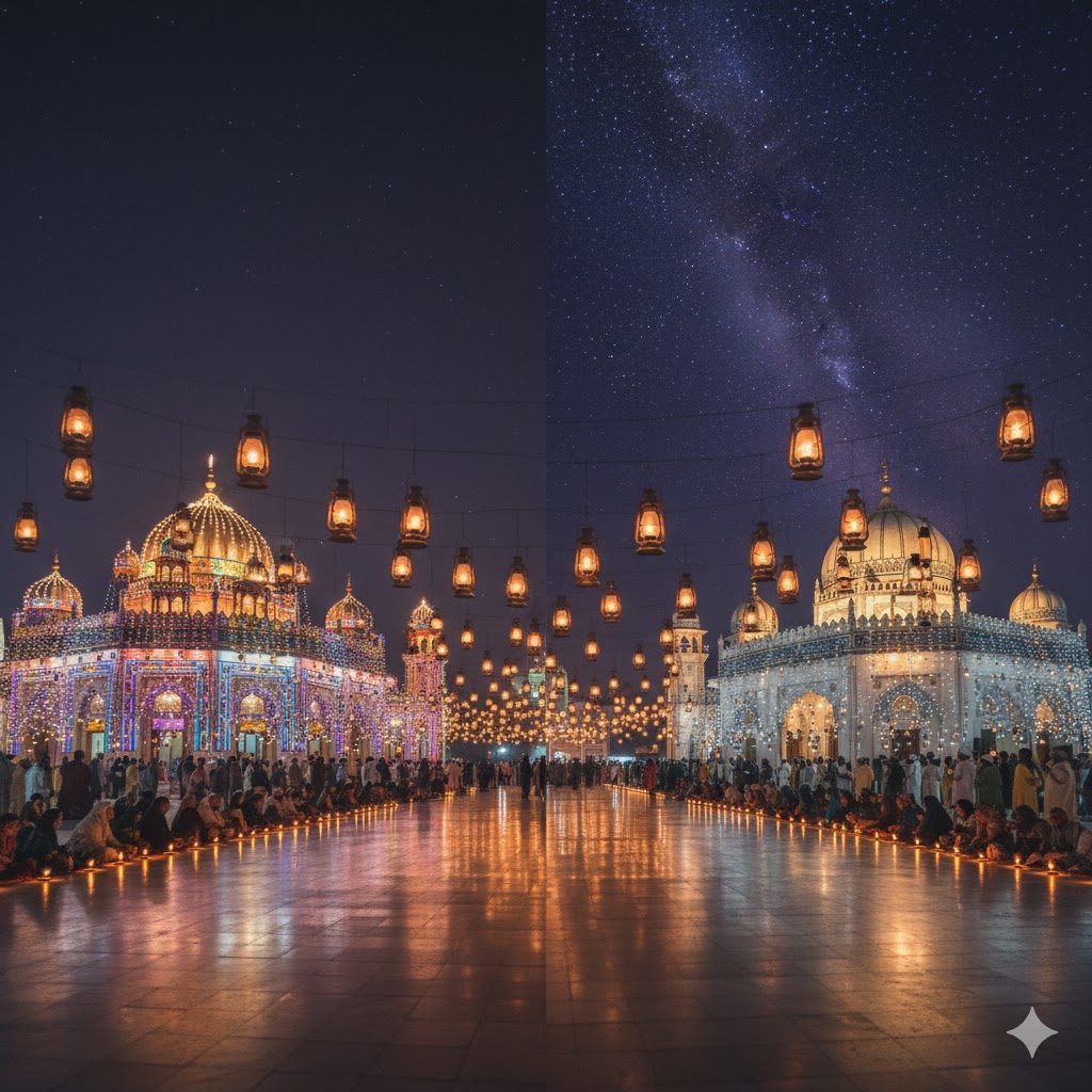 Lanterns lighting up Sehwan Sharif and Bhit Shah shrines under the Sindh night sky, symbolizing eternal Sufi light.
