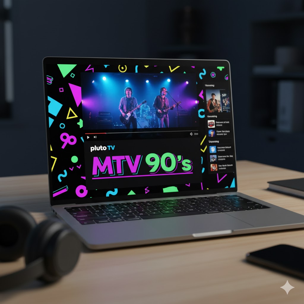 Laptop screen showing Pluto TV MTV 90s live channel streaming retro music videos