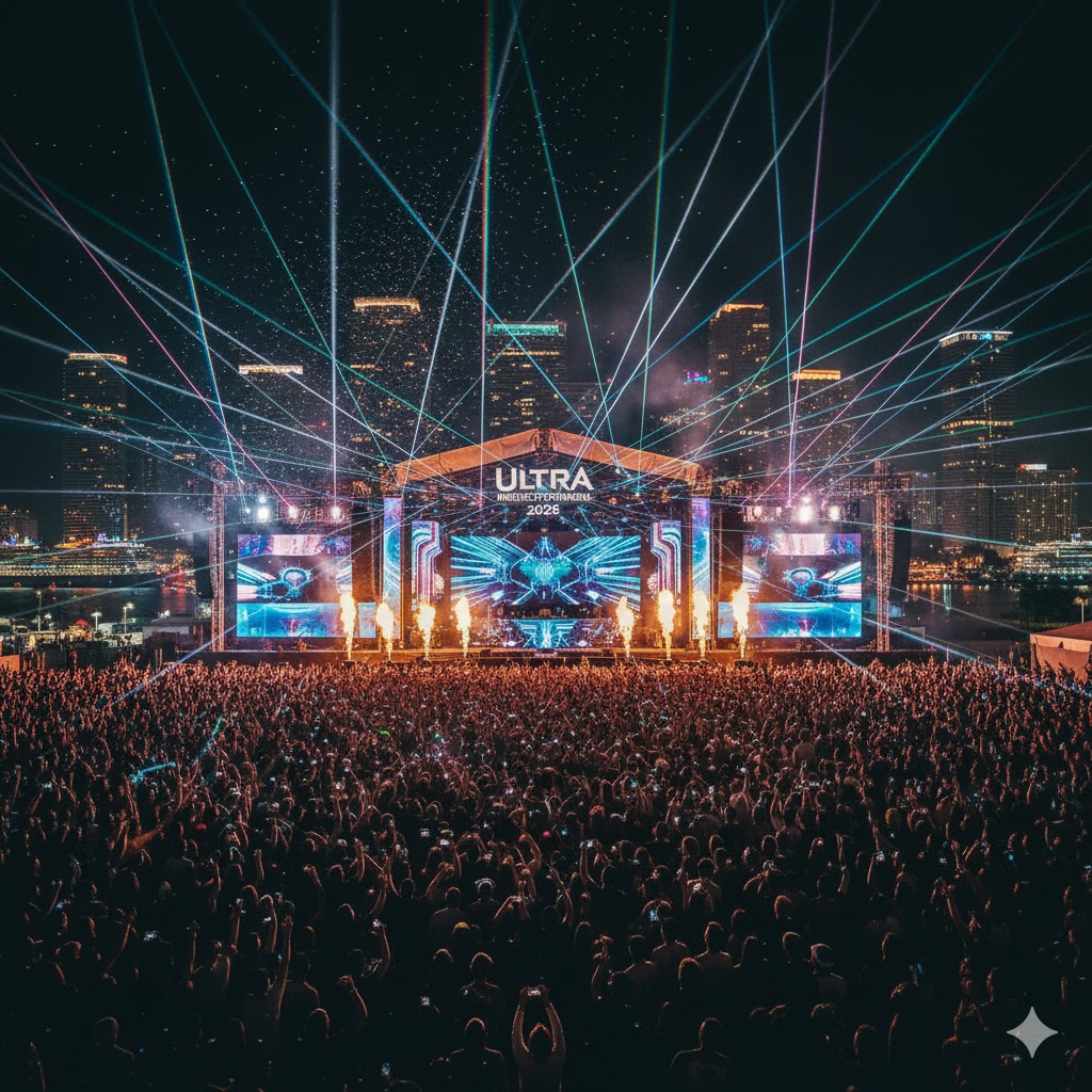 Laser-lit Miami skyline behind main stage crowd during Ultra Music Festival 2026.