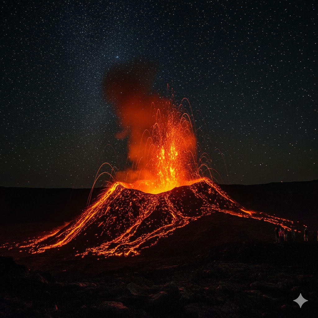 Lava erupting from Mount Yasur volcano with night sky in background, Vanuatu