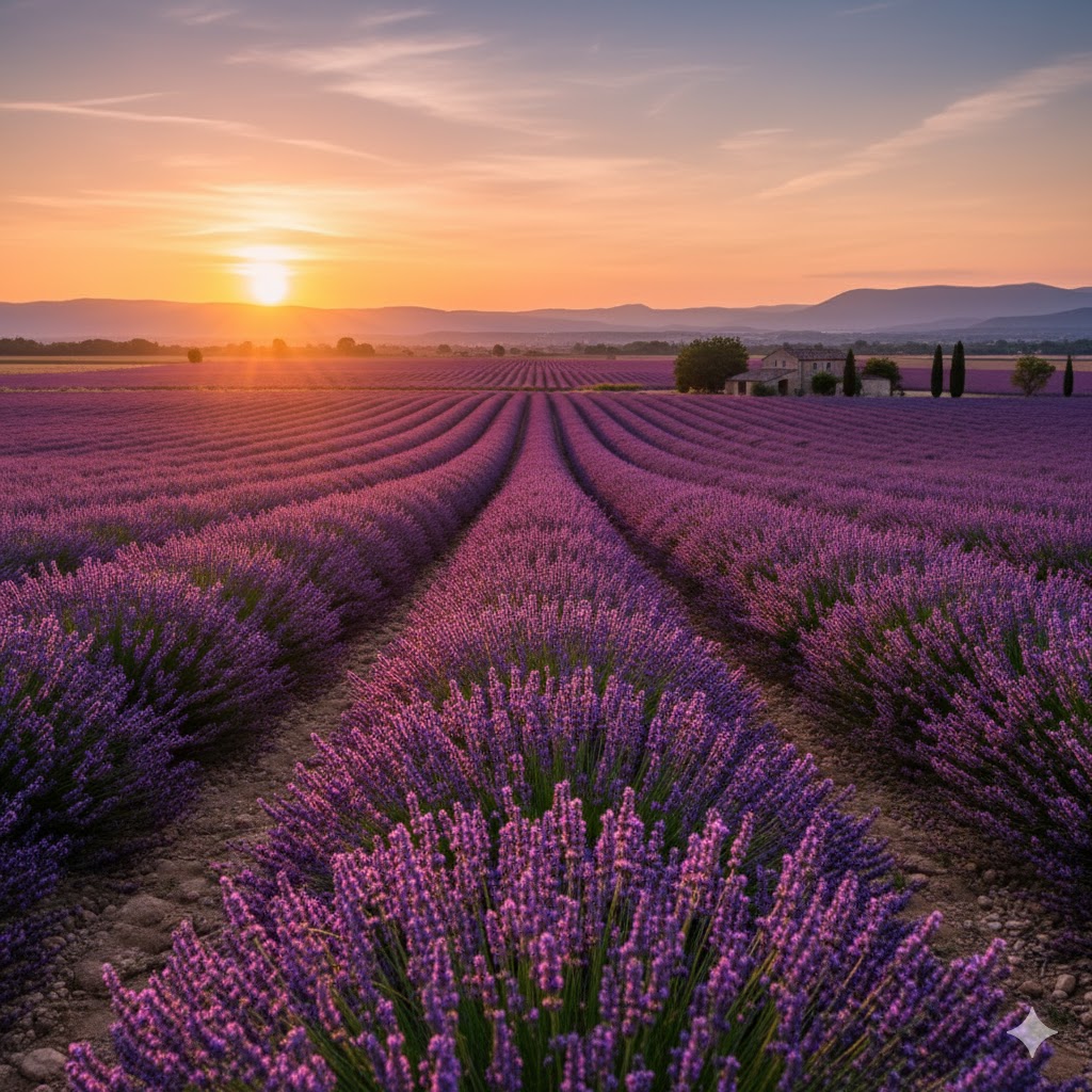 Lavender fields in Provence, France, stretching under a golden evening light