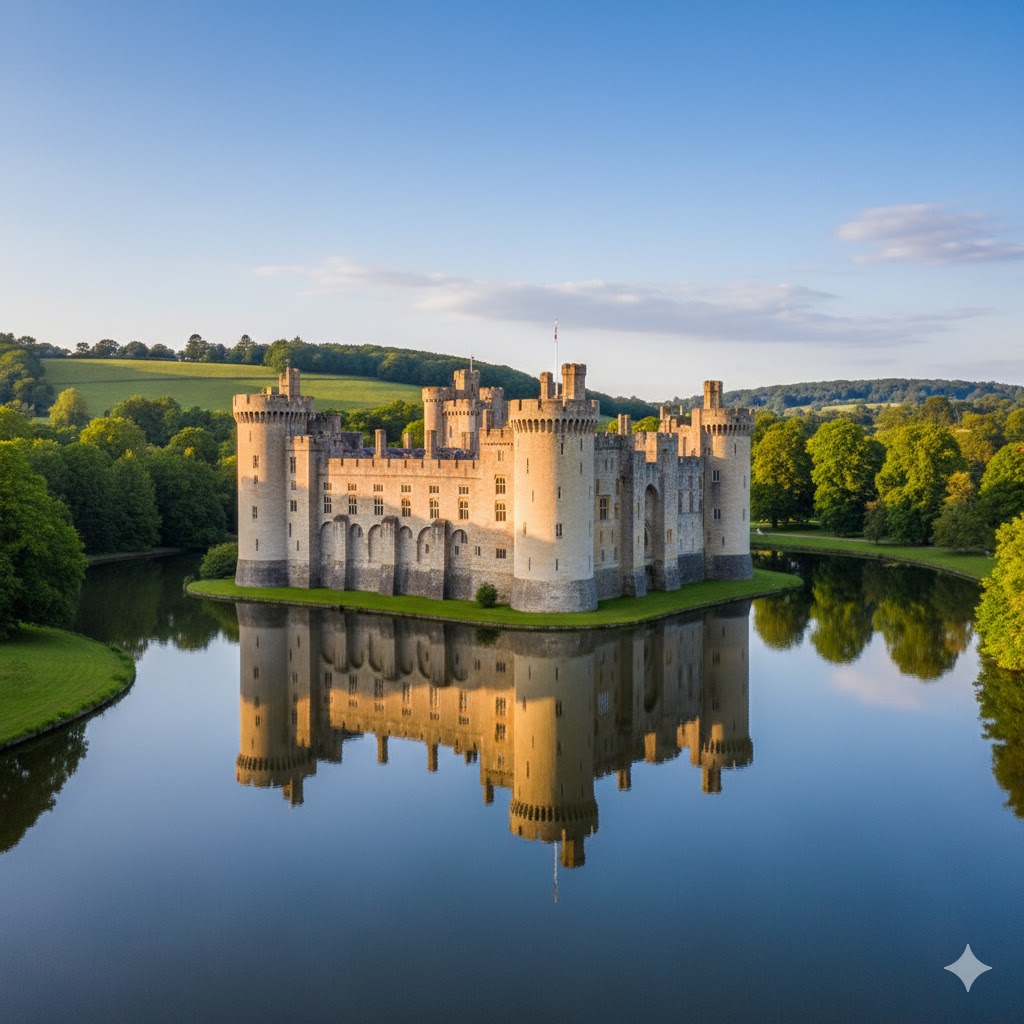 Leeds Castle and its reflection on calm water surrounded by green hills
