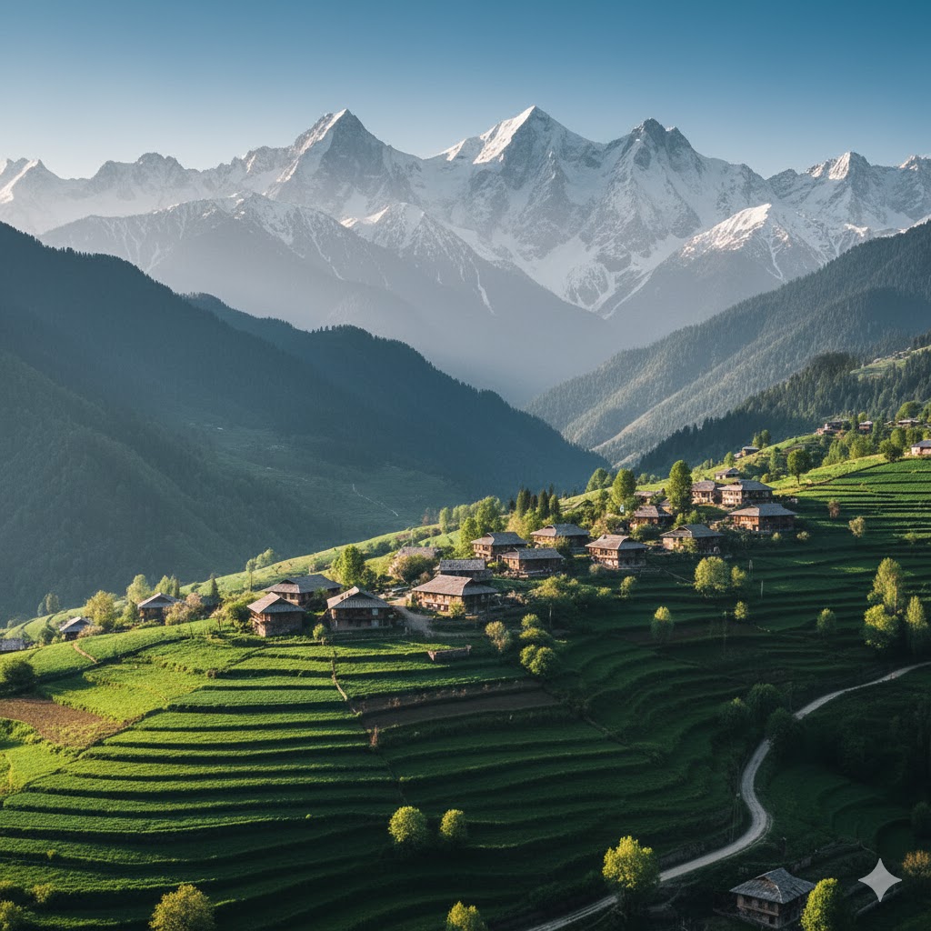 Leepa Valley near Islamabad featuring wooden houses, green fields, and snowy mountains.