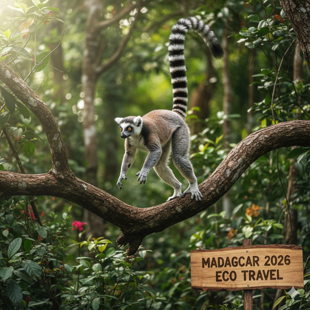 Lemur jumping across rainforest branch Madagascar 2026 eco travel