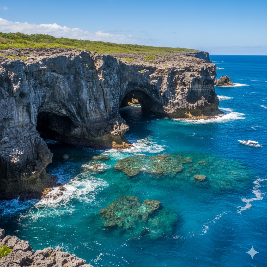 Limestone cliffs and turquoise sea caves along Niue’s coastline