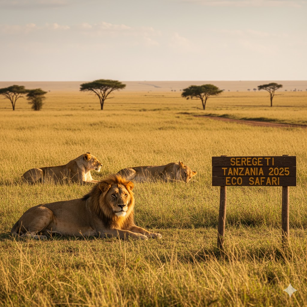 Lions resting in golden grass Serengeti Tanzania 2025 eco safari