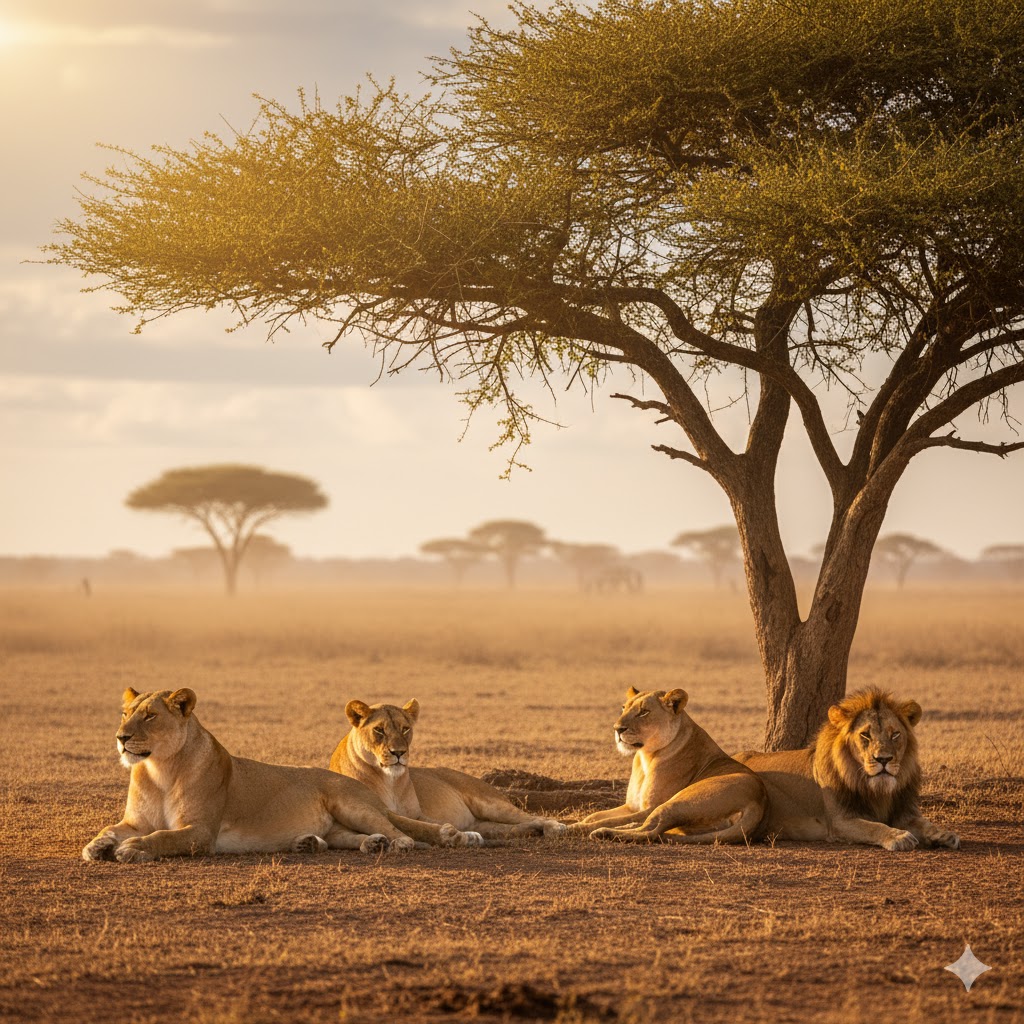 Lions resting under acacia trees in Kruger National Park during July