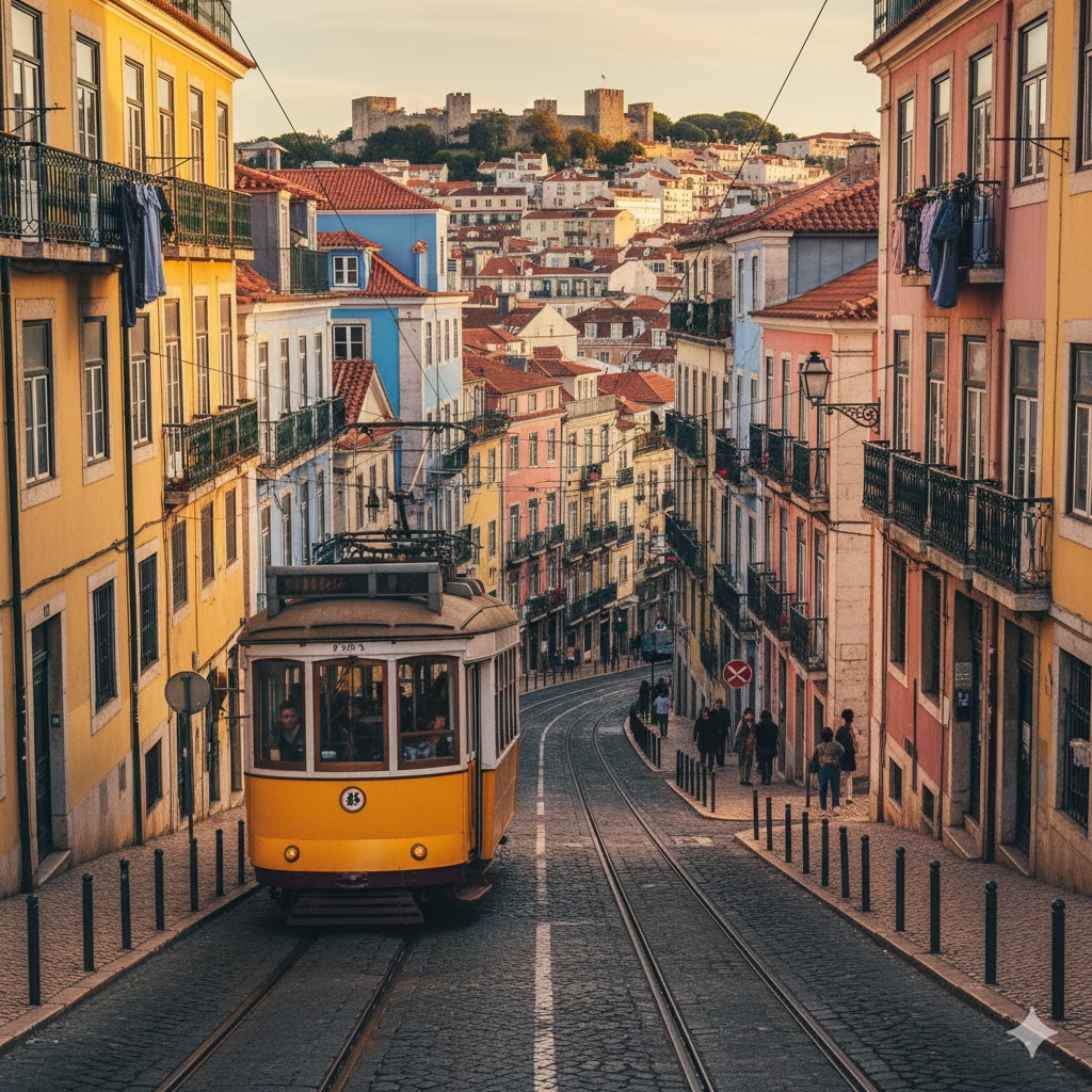 Lisbon tram climbing steep street with colorful houses, Portugal.