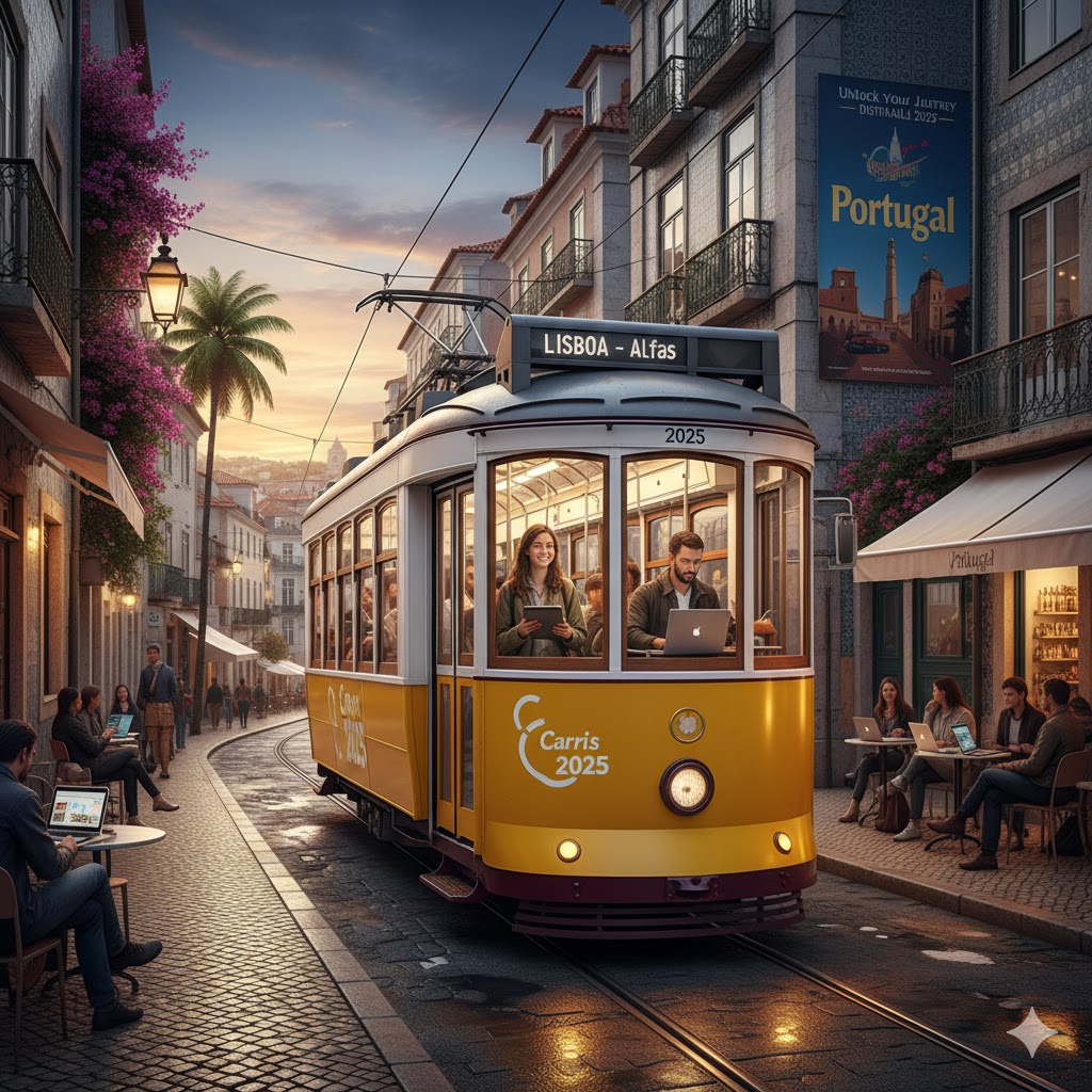 Lisbon tram on cobblestone streets 2025 travel Portugal digital nomad