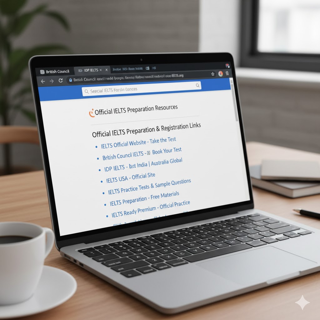 List of IELTS resources and official links open on a laptop screen