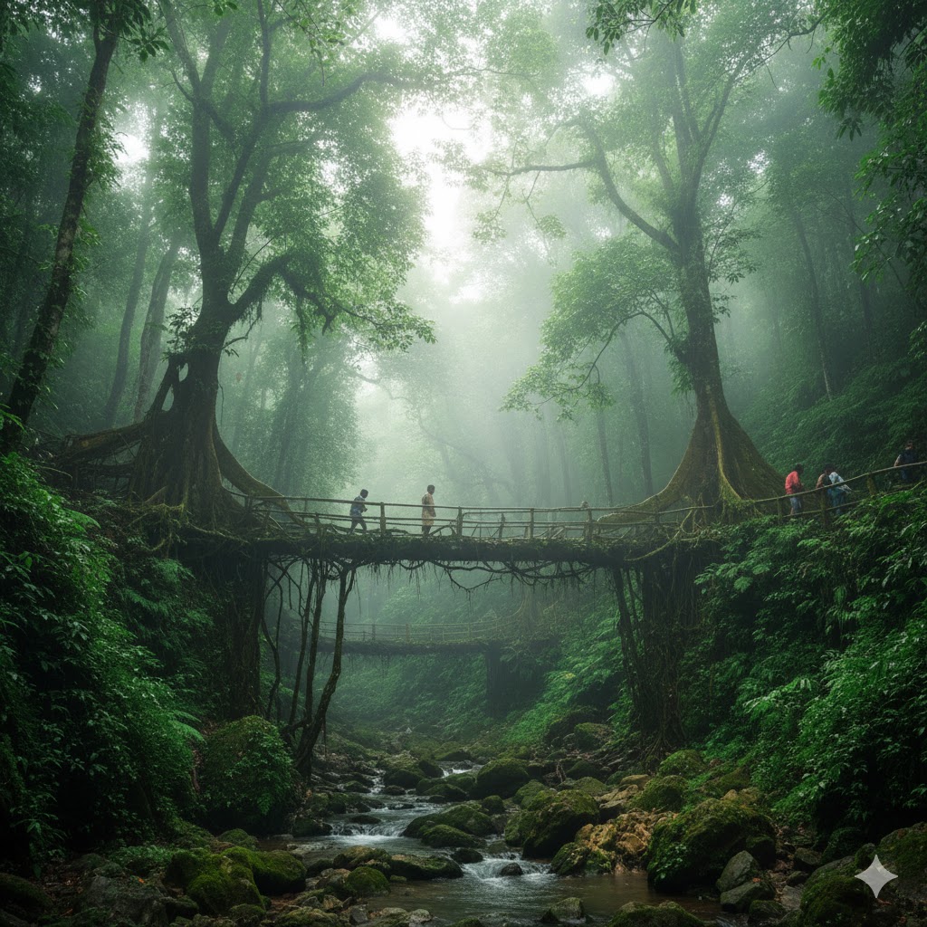 Living root bridges surrounded by misty rainforest in Mawlynnong village, Meghalaya. 