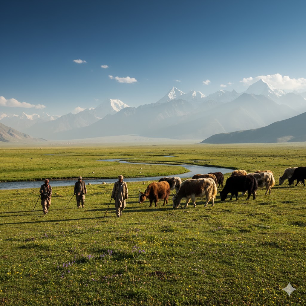 Local Balti shepherds with yaks grazing across the Deosai meadows under blue skies.  Local Balti shepherds with yaks grazing across the Deosai meadows under blue skies.