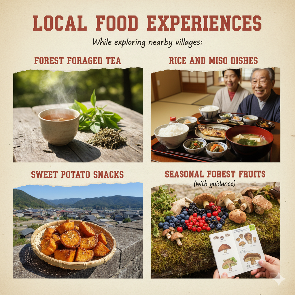 Local Food - Forest Foraged Tea, Rice and Miso Dishes, Sweet Potato Snacks, Seasonal Forest Fruits