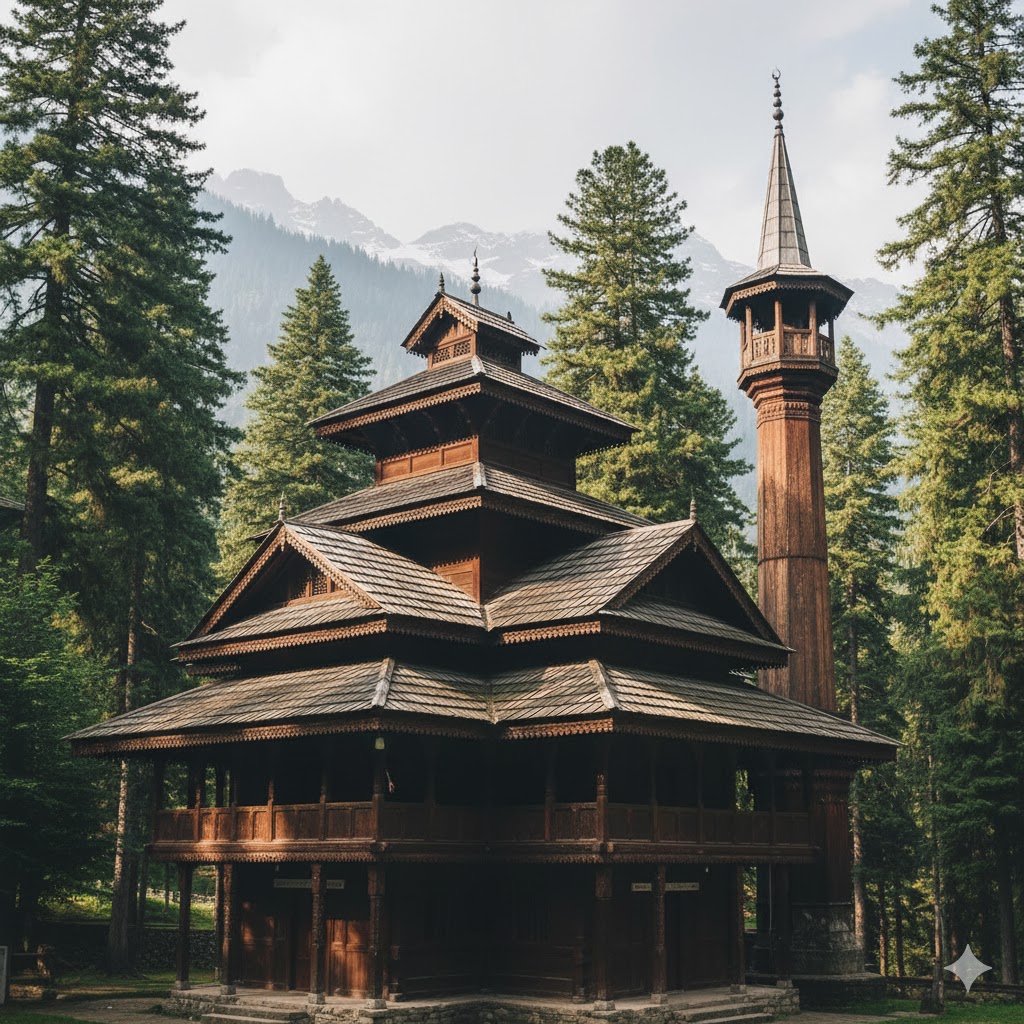 Local Kashmiri mosque made of wood in Arrang Kel surrounded by trees.