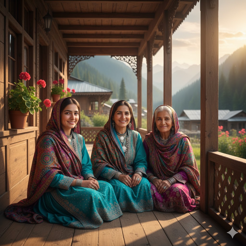 Local Kashmiri women in traditional dress smiling outside their wooden home.