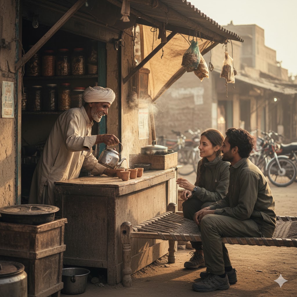 Local Saraiki shopkeeper serving tea to travelers in a traditional roadside stall.