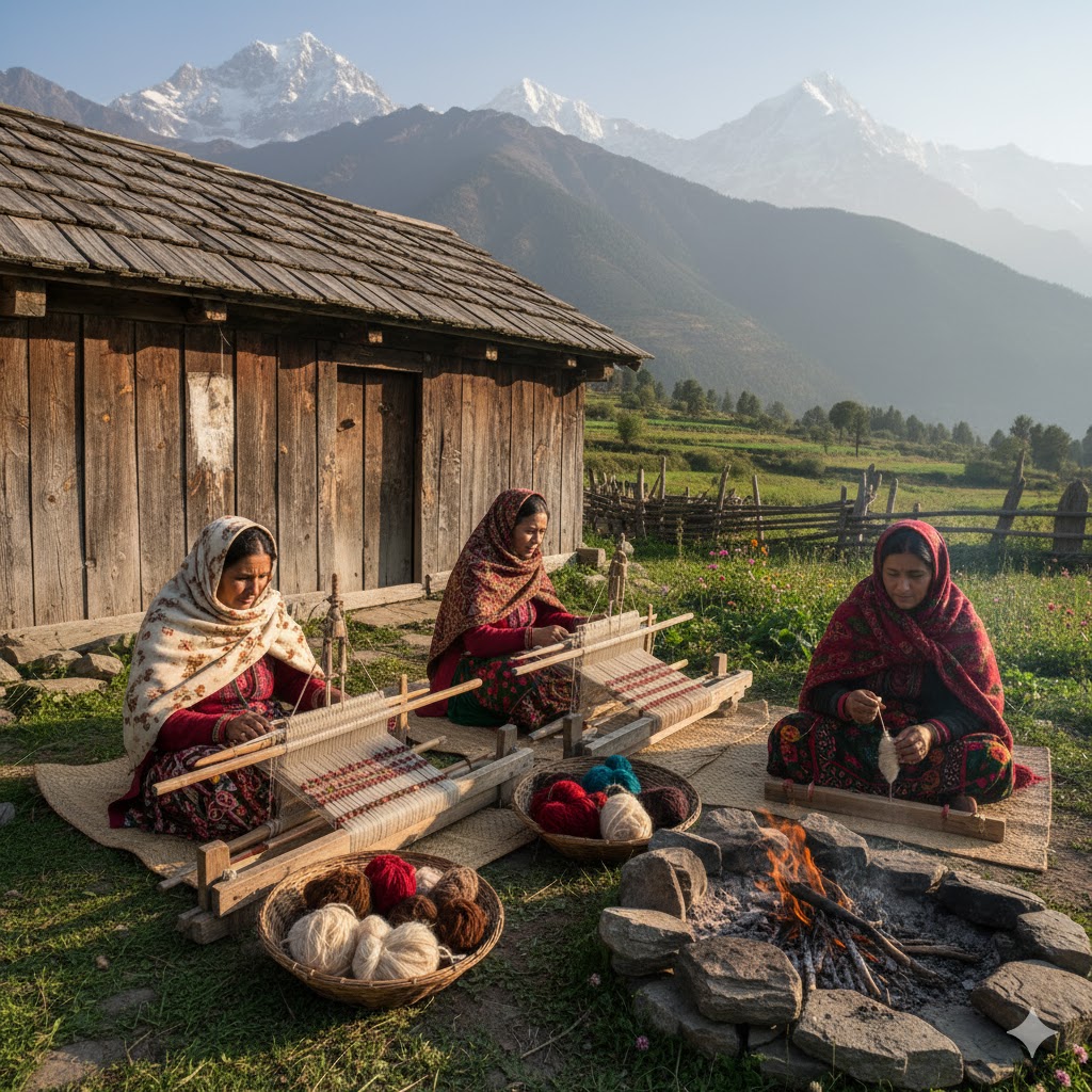 Local Shina women weaving wool scarves outside a wooden cottage