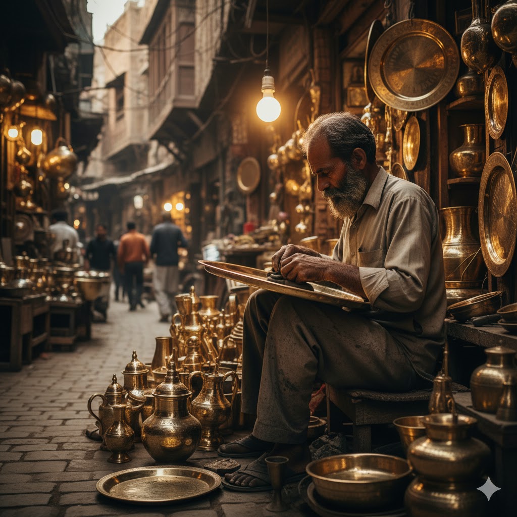Local artisan polishing brass items in Lahore Walled City market