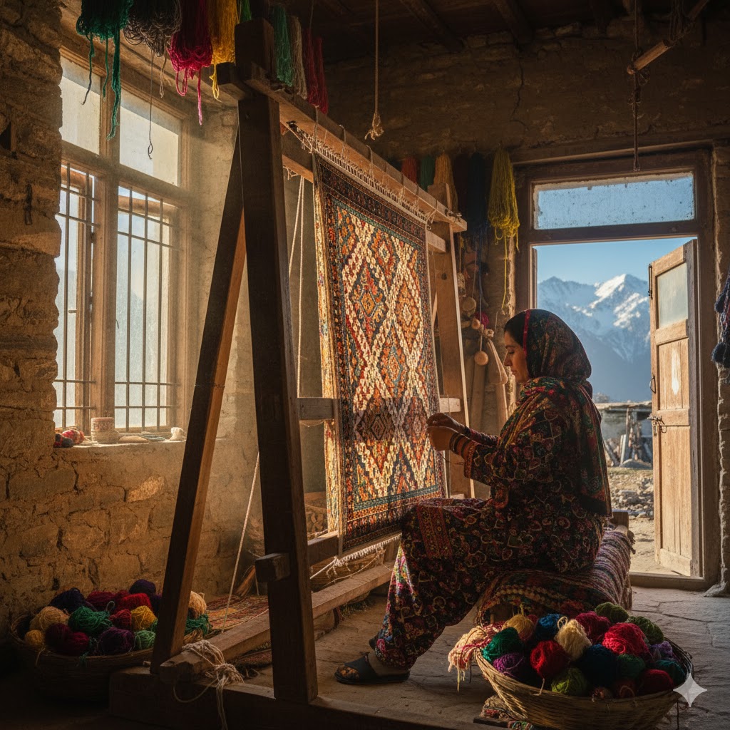 Local artisan weaving a traditional carpet in a sunlit village workshop in northern Pakistan