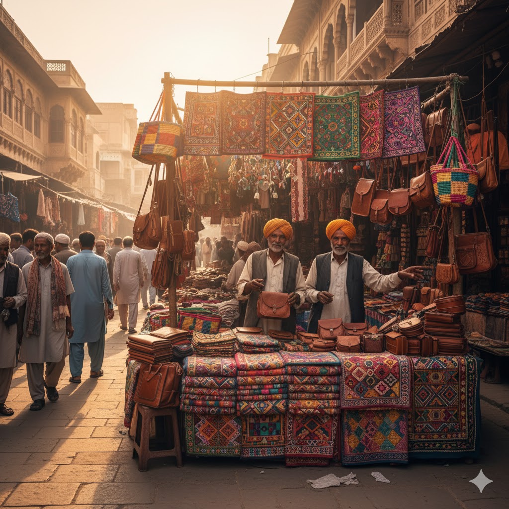 Local artisans displaying colorful handicrafts and camel leather bags in Bahawalpur’s Shahi Bazaar Local artisans displaying colorful handicrafts and camel leather bags in Bahawalpur’s Shahi Bazaar