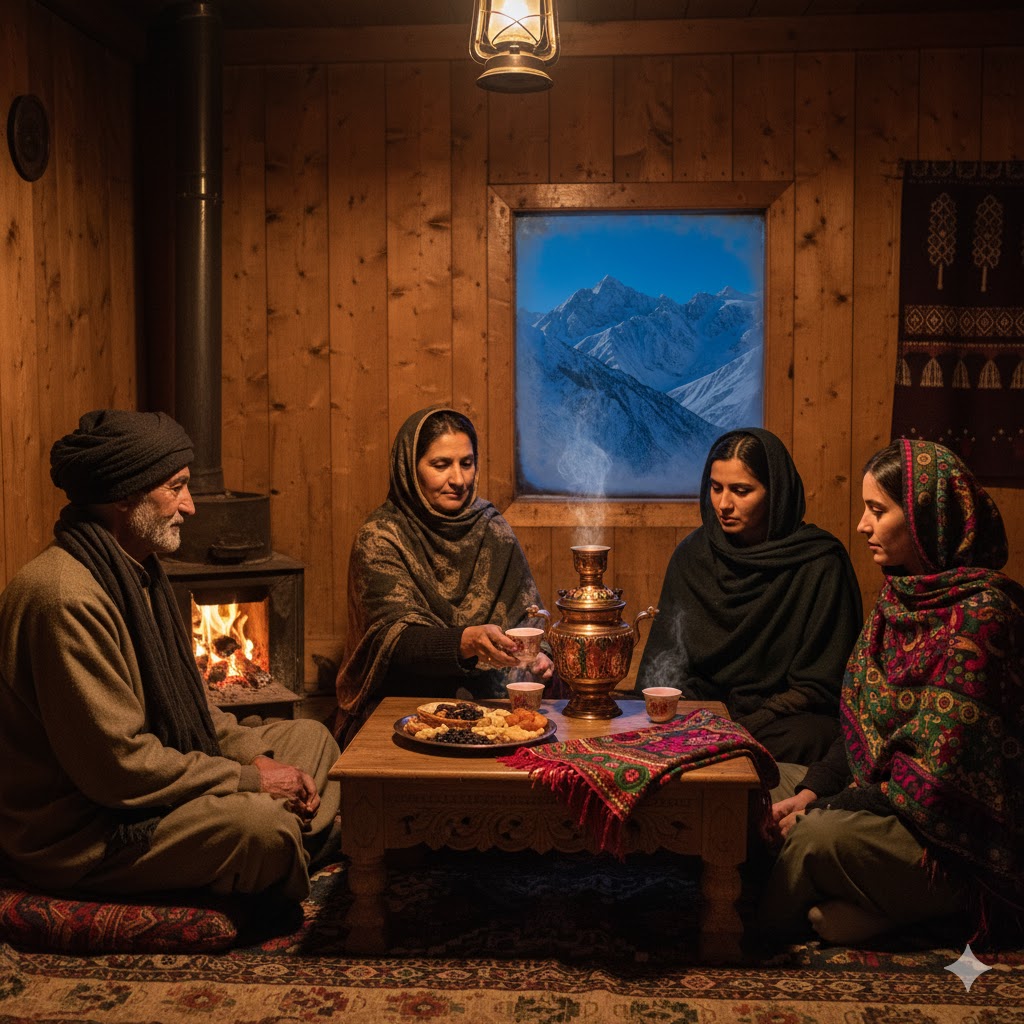 Local family serving kehwa to travelers in a wooden house in Kel village